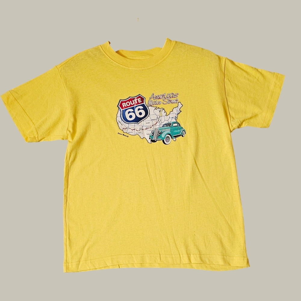 Vintage Route 66 Americas Main Street Graphic T-Shirt Yellow Cotton Medium